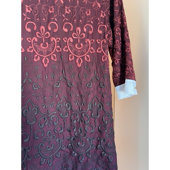 Topshop Embroidered Shift Dress Size 12 Burgundy 3/4 Sleeve Peter Pan Collar - Picture 6 of 15